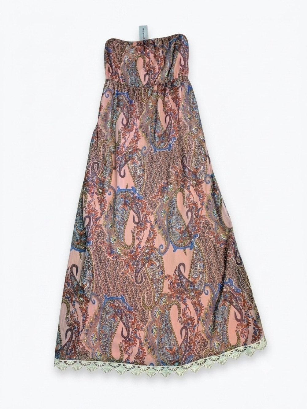 Love FIRE Buckle Strapless Maxi Dress XL NWT Pink Paisley Boho Lace Trim Beachy